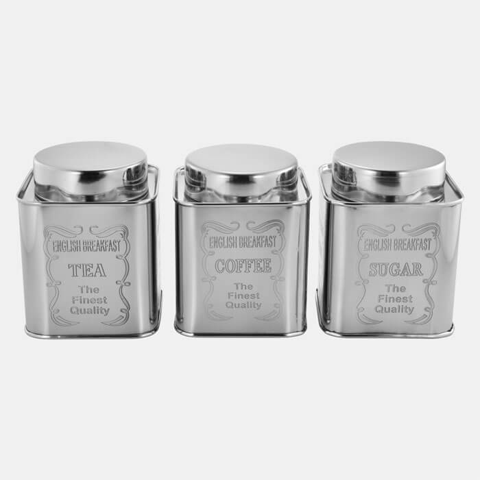 SILVER SQUARE CONTAINER WI9TH ENGRAVING SET OF 3 PCS TEA COFFEE SUGAR