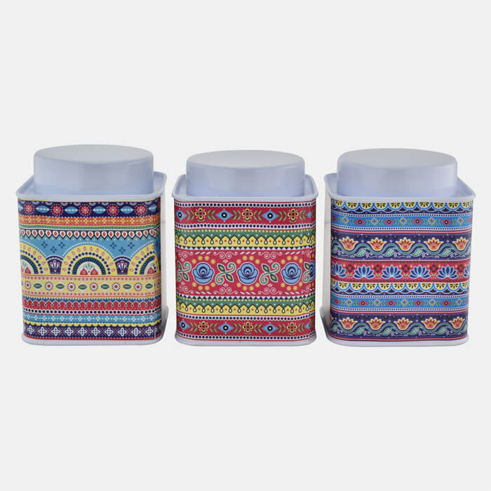 WHITE SQUARE CONTAINER WITH FLORAL PATTERN  SET OF 3 PCS