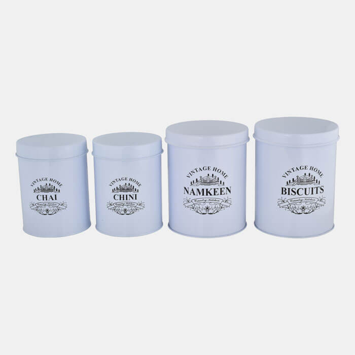 WHITE VINTAGE HOME STORAGE CONTAINER SET OF 4 PCS CHAI,CHINI & BISCUITS,NAMKEEN  