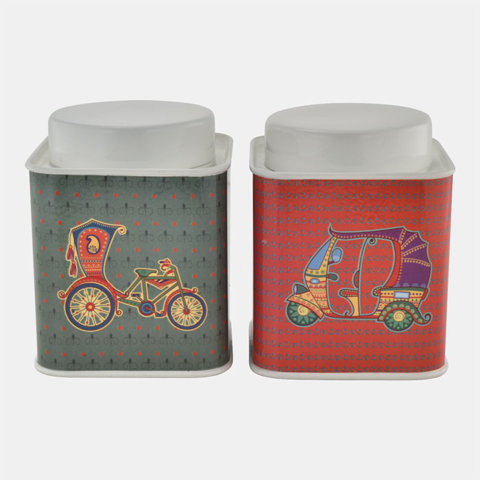 CREM SQUARE CONTAINER WITH INDIAN THEME SET OF 2 PCS