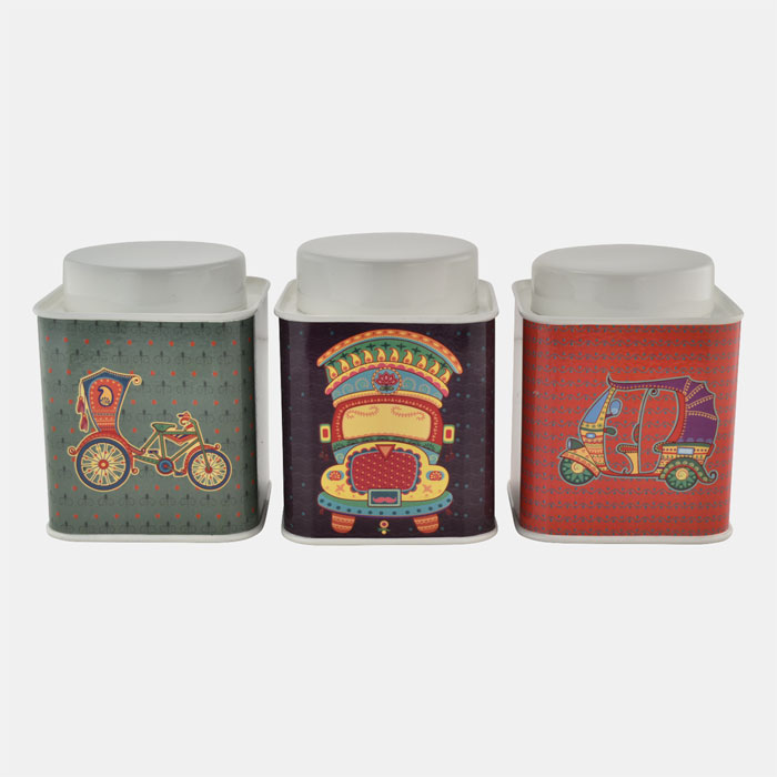 CREAM SQUARE CONTAINER WITH INDIAN THEME SET OF 3 PCS